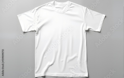 A crisp white cotton tshirt lies casually draped on a neutral gray background, its soft fabric subtly rumpled. High quality