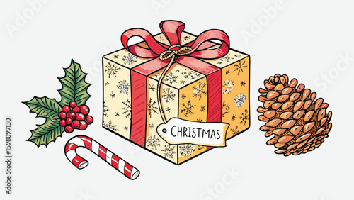 A christmas gift with a red ribbon and a tag next to a pine cone, holly and a candy cane illustration