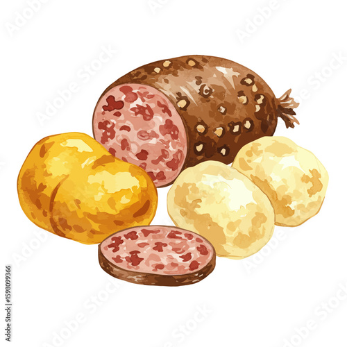 Traditional sausage and boiled potatoes watercolor illustration isolated on white background