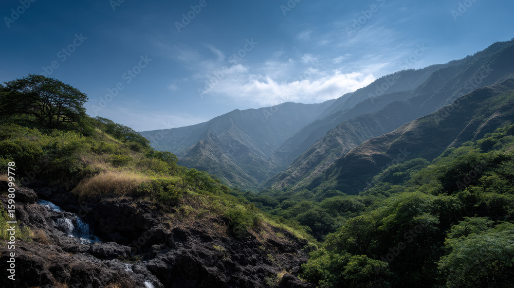 Obraz premium stunning view of majestic hawaiian mountains and volcanoes showcasing lush greenery and vibrant flora typical of