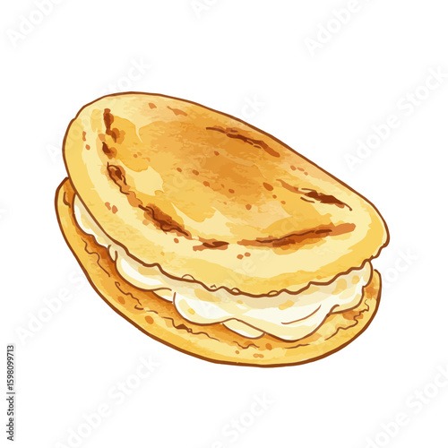 Delicious watercolor illustration of a traditional Venezuelan or Colombian arepa filled with cheese