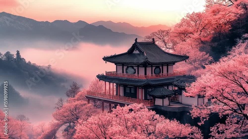Traditional Asian Pagoda in Serene Landscape Surrounded by Mountains and Pink Cherry Blossom Trees