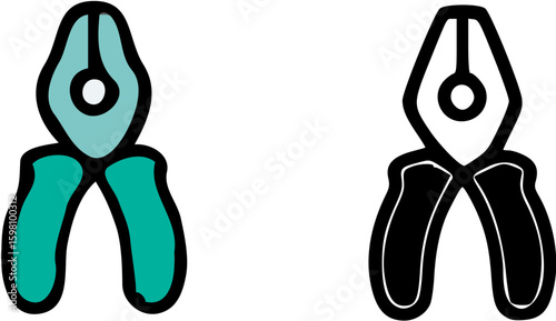 Two pliers illustrations, one colored teal and the other black and white.