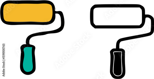 Two paint rollers, one colored yellow and teal, the other black and white, on a white background.