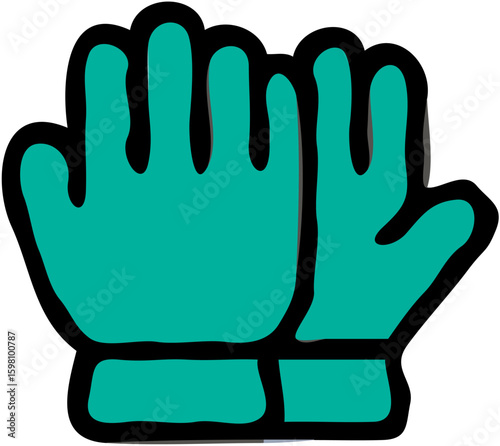 Pair of teal gloves with black outlines, isolated on white.