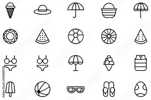 Outlined Summer Icons Representing Vacation, Leisure, and Relaxation for Travel and Tropical Getaways, Sun, Sand, and Sea
