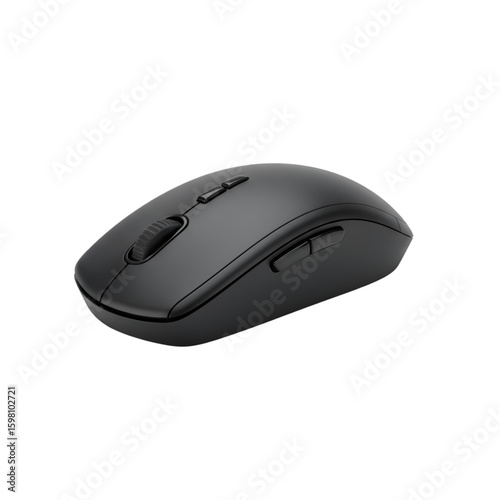 Photo of a black wireless mouse with buttons and scroll wheel