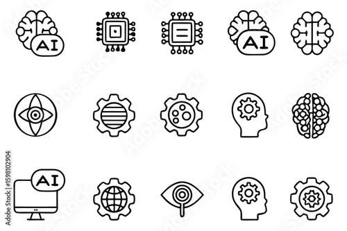 Collection of Artificial Intelligence and Technology Icons Representing Neural Networks and Machine Learning Capabilities in Technological Advancements