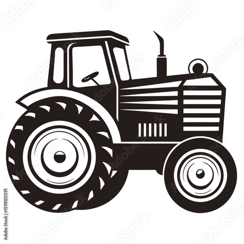 Black and White Illustration of a Classic Agricultural Tractor with Large Tires