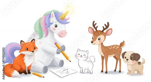 Animals drawing illustration pastel colors
