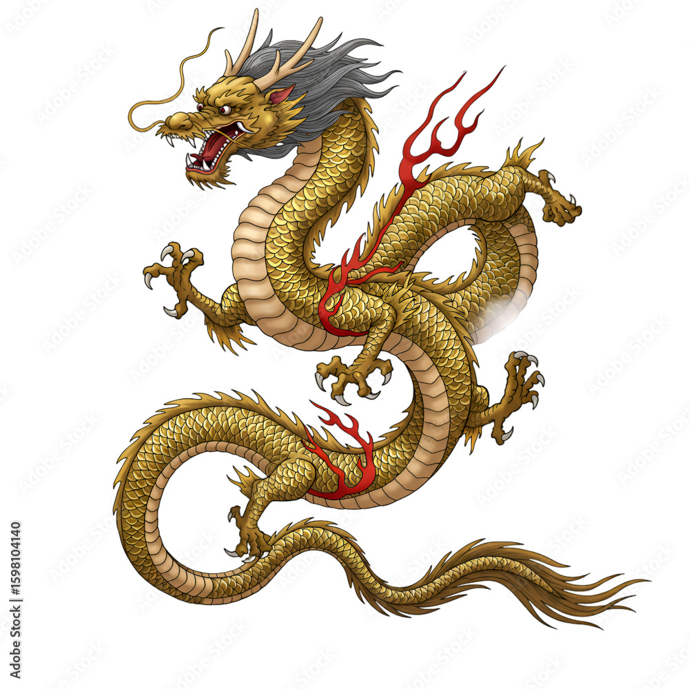 Fototapeta premium Golden Dragon PNG Illustration, Mythical Beast with Fire Elements