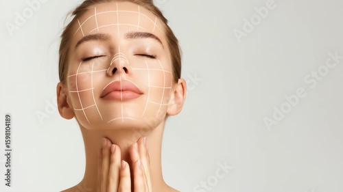 Woman with grid drawn on face for plastic surgery modeling. Beauty facial treatment and dermatology concept, video footage.