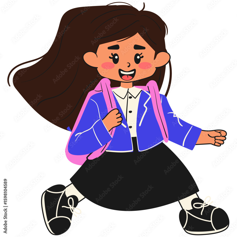 Cheerful girl going to school. Back to school sticker. Doodle style school student. Flat vector illustration. Cheerful girl going to school. Back to school sticker. Doodle style school student. Flat vector illustration.