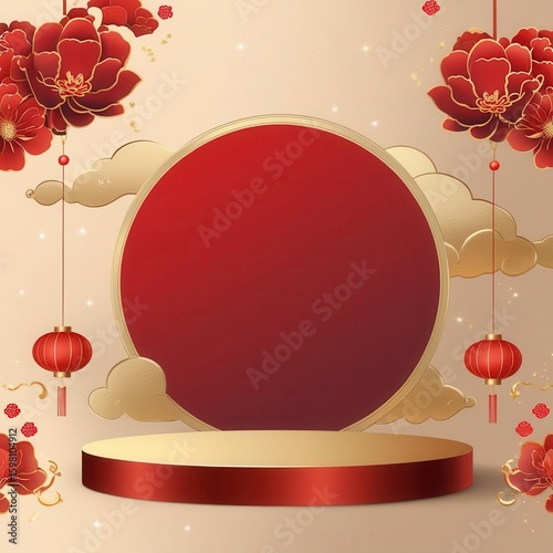 Festive Chinese New Year Podium with Red and Gold Decorations