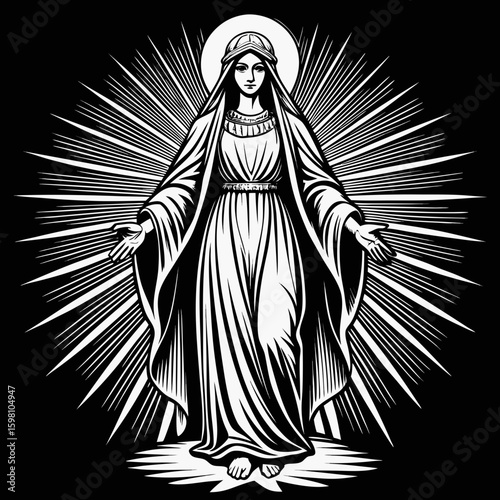 Stylized illustration of the virgin mary with outstretched arms and radiant halo against a black background