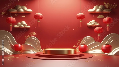 Festive Red and Gold Chinese New Year Podium Scene
