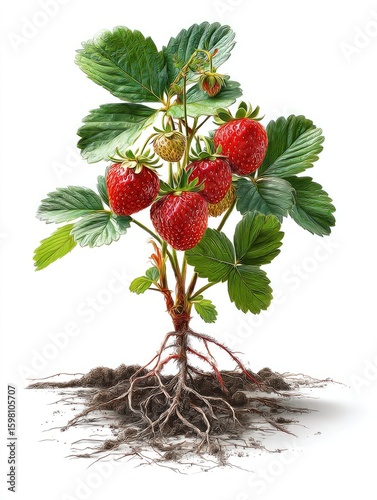 Strawberry plant with ripe fruit and roots