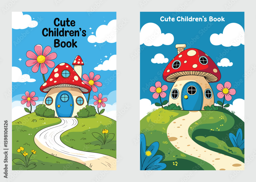 Fototapeta premium Whimsical Cartoon Mushroom House Book Cover With Garden Flowers