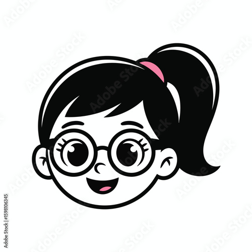 Cartoon girl with glasses and ponytail smiling in black and white vector illustration design style