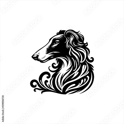 Elegant black and white borzoi dog head with ornate mane