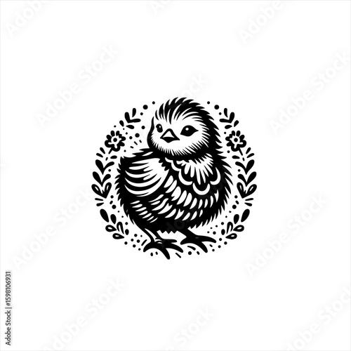 Charming black and white illustration of a fluffy chick surrounded by floral elements