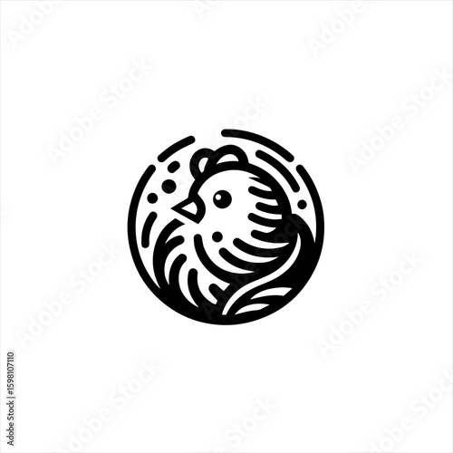 Stylized black and white chicken logo in a circular frame
