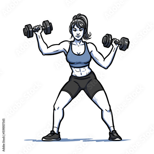 Woman working out with dumbbells while demonstrating strength  