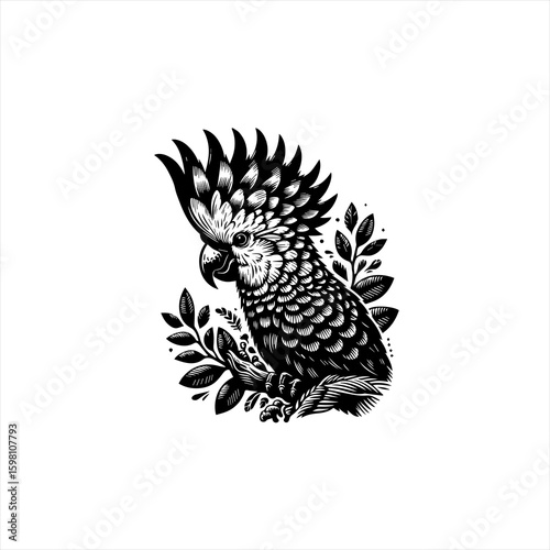 Detailed black and white illustration of a cockatoo perched on a branch