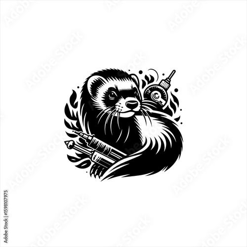 Ferret with tattoo needles and ink caps