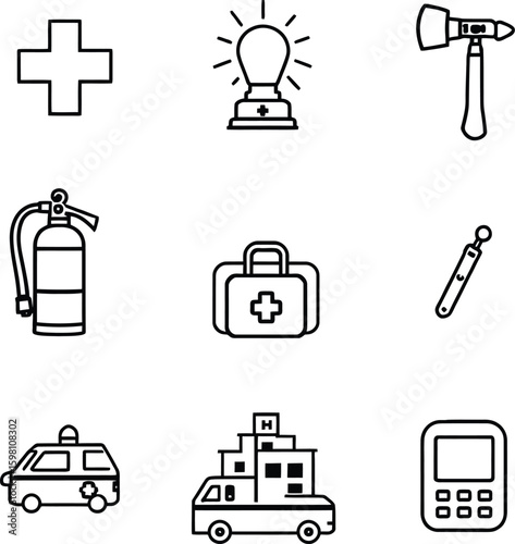 Various emergency and medical icons including ambulance first aid kit and fire safety equipment outlined
