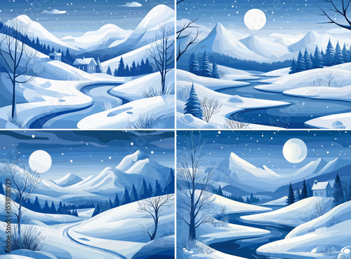 Snowy winter landscape cartoon scenes. Frozen trees white blanket peaceful scene icy branches cold tranquility mountain backdrop soft flakes quiet village frosty morning crystal lake cozy cabins sun