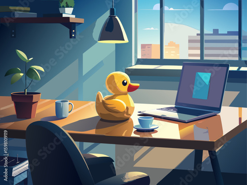 Rubber Duck on Developer Desk for Debugging Concept