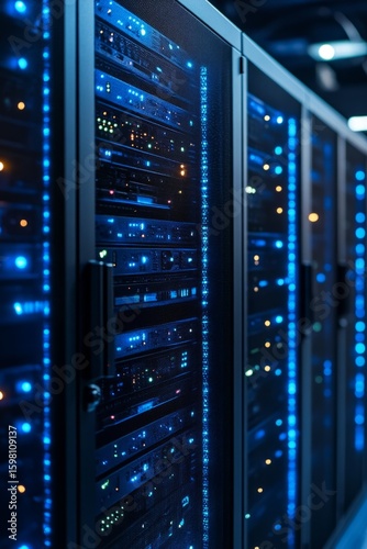 Data Center Multiple Rows Operational Server Racks. Modern Telecommunications, Cloud Computing, Artificial Intelligence, Database