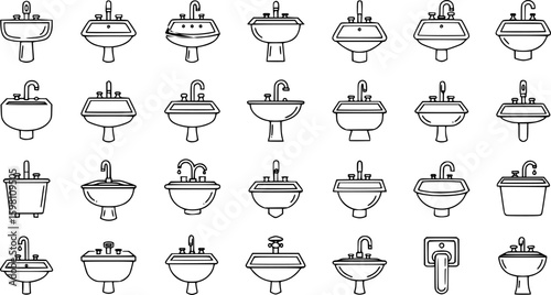 Set  of vector set of Sink icon set in thin line style.  on white background