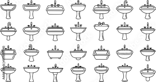 Set  of vector set of Sink icon set in thin line style.  on white background