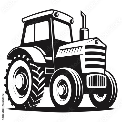 Black and White Tractor Illustration with Cabin, Exhaust Pipe, and Large Tires