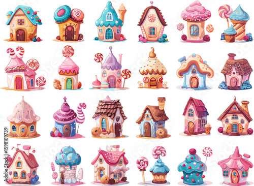 Tiny candy houses cartoon vector set. Cookie sweet lollipop cake berry caramel ice cream chocolate magic vanilla fantasy pastry dessert confectionery buildings homes, isolated illustrations