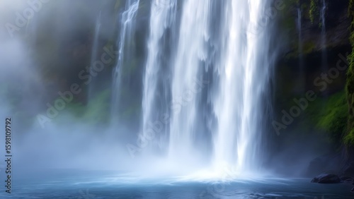 Majestic waterfall cascading into a serene pool with mist