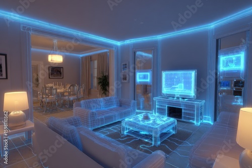 Modern home interior, outlined by glowing blue lines