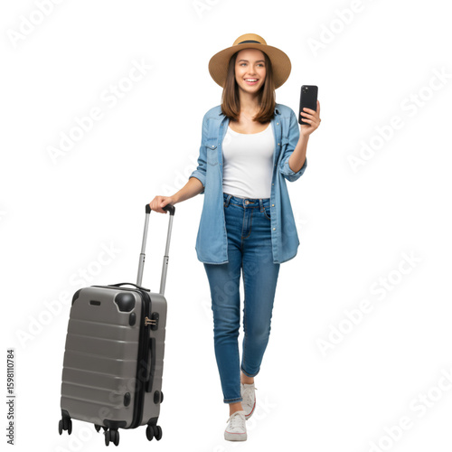 Happy Smiling Woman with Luggage Holding Phone Illustration