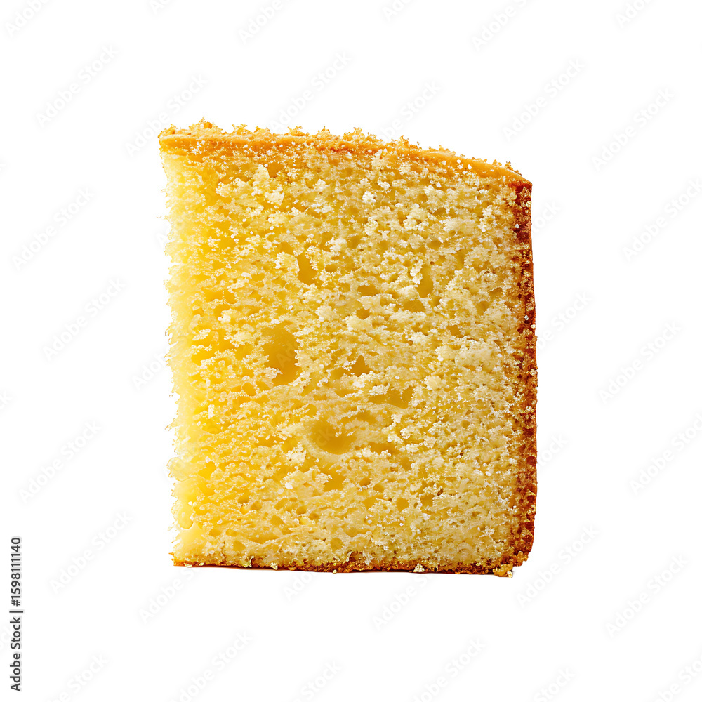 Fototapeta premium Slice of Moist Yellow Cake with Crumbly Texture Isolated on White Background