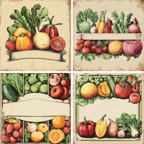 Vegetables cartoon vector set. Carrots beets turnips tomato onions lemon harvest market scenes farm produce fresh seed packet antique botanical garden food plants vintage illustration