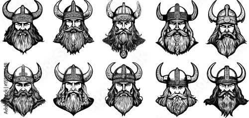 Viking heads black ink sketch vector set. Horns armour helmet bearded mans, marauders norseman norse raiders warrior saga scandinavian heroes berserker characters avatars, isolated illustrations