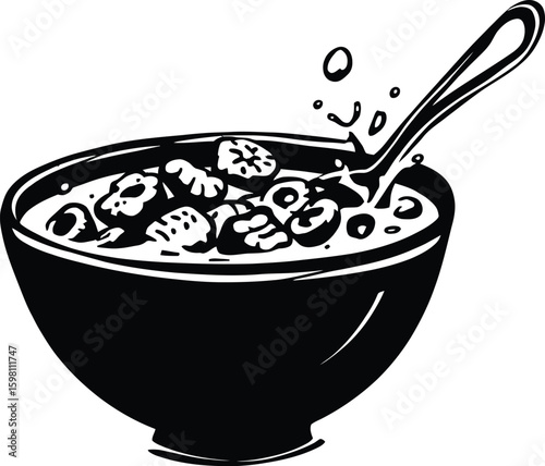 Black and white illustration of a bowl of cereal with milk and a spoon on a white background