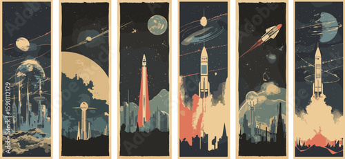 Vintage space posters cartoon concepts. Rocket launch ships smoke planets stars 50s retro futurism travel exploration galaxies cosmic wonder ads, isolated illustrations on white backdrop