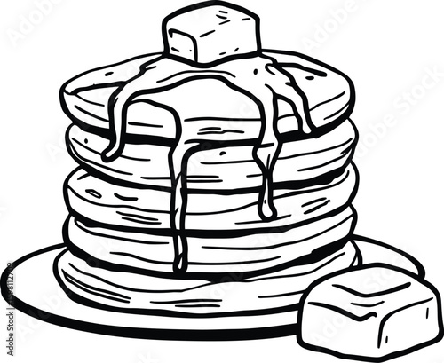 A black and white drawing of a stack of pancakes with syrup and butter on a white background isolated