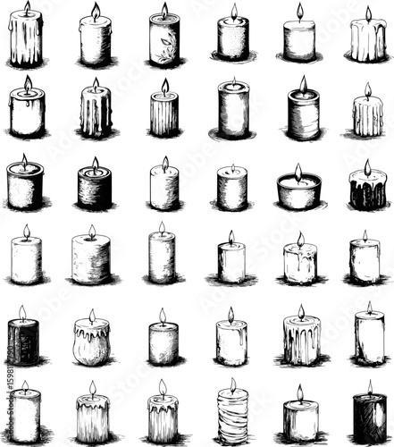 Wax candle black ink sketch vector set. Warm glow flickering flame cozy atmosphere romantic lighting home decor relaxation spa vibe meditation mood soothing vintage light handmade elegant craft