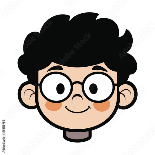 Cartoon Boy Face with Glasses, Black Curly Hair and Smiling Expression Illustration