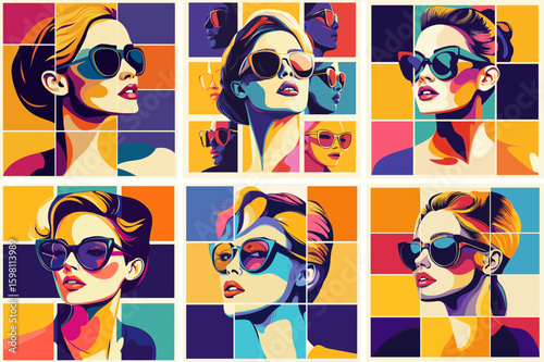 Woman portrait cartoon vector concepts. Female squares sweater glasses lady makeup businesswoman edge urban influence elegant modern cultural classic playful charm patterns avatars illustration