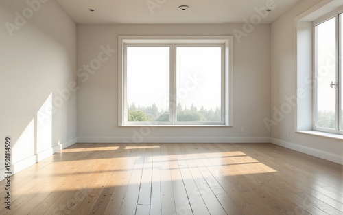 Wallpaper Mural A modern living room with neutral color palette large windows letting in soft natural light clean wooden floor in the foreground left empty for product place. High quality Torontodigital.ca